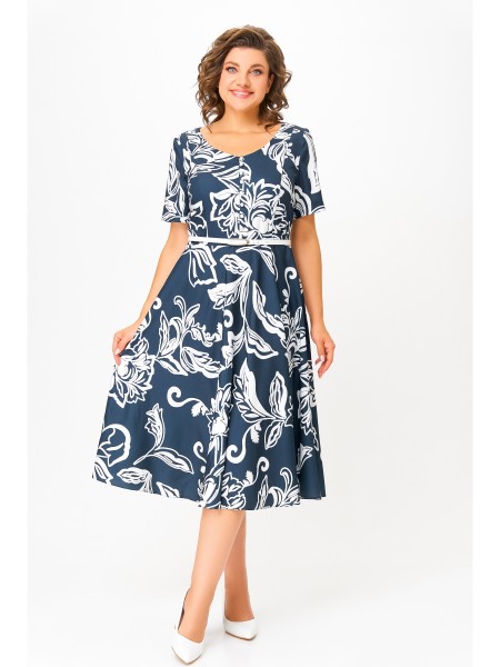 856 глубинно-синий в белый принт «цветы»