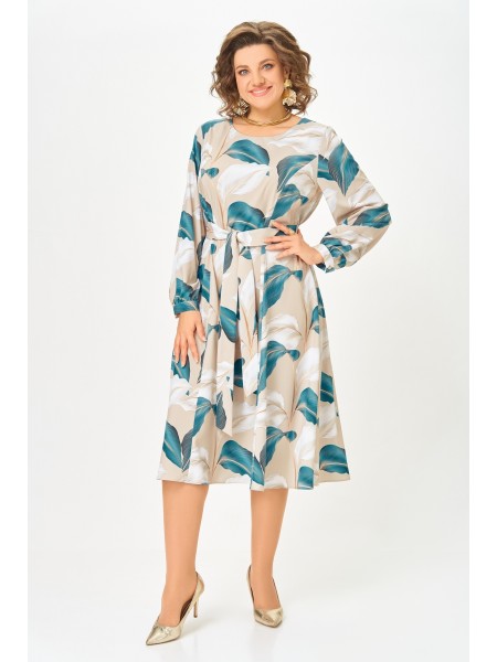 885.2 бежевый принт «ярко-голубые и белые листья»